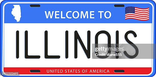 illinois license plate with map & flag - registration plate stock illustrations