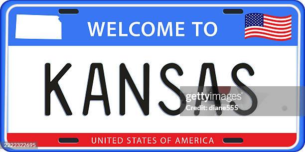kansas license plate with map & flag - sunflower state stock illustrations