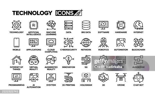 bildbanksillustrationer, clip art samt tecknat material och ikoner med technology line icon set. group of object. artificial intelligence, data, machine learning, software, automation, applications. - bioteknologi