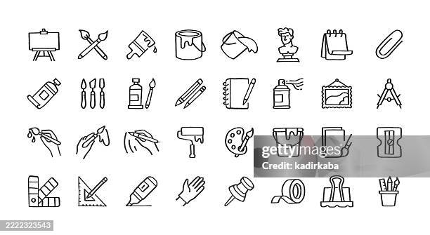 art tools hand drawn minimalist doodle line icon set. hand sketched elements for creative use. painting, artist, creativity, hobbies, art. - paint tube stock illustrations