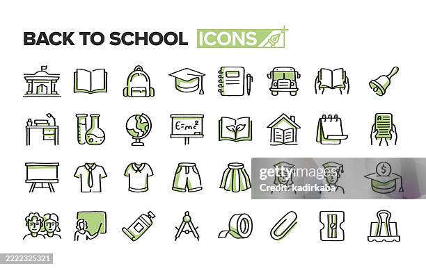 ilustraciones, imágenes clip art, dibujos animados e iconos de stock de conjunto de iconos de línea de garabato minimalista dibujado a mano de regreso a la escuela. elementos dibujados a mano para uso creativo. escuela, libro, mochila escolar, graduación, preescolar, educación, aprendizaje. - beca