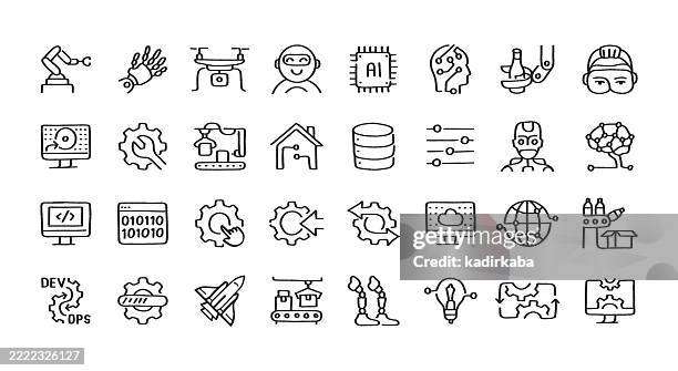 automation and technology hand drawn minimalist doodle line icon set. hand sketched elements for creative use. artificial intelligence, automated, cyborg, factory, robotics. - robotics stock illustrations