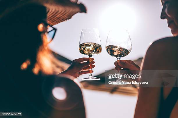 a close-up shot of friends clinking sparkling wine glasses at sunset - prova de vinho imagens e fotografias de stock
