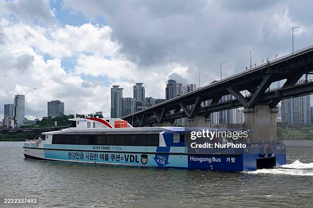 Han River Bus departs for Jamsil from Ttukseom Pier in Gwangjin District, Seoul, South Korea, on July 1 marking the start of its trial service. The...