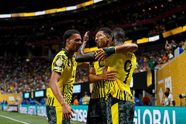 Serhou GUIRASSY of Dortmund celebrates his goal during the FIFA Club World Cup match between Borussia Dortmund and CF Monterrey at Mercedes-Benz...