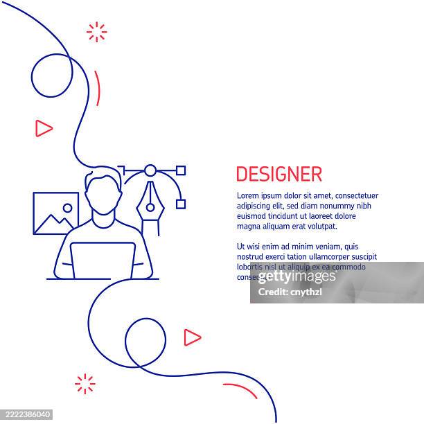 continuous line drawing of designer icon. hand drawn symbol vector illustration. minimalist design with thin blue and red lines. - graphic designer computer stock illustrations