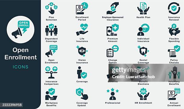 ilustraciones, imágenes clip art, dibujos animados e iconos de stock de colección de íconos sólidos de inscripción abierta. que contiene beneficios, plan de salud, cobertura, monto de la prima, opción de cambio, empleador, patrocinado, seguro, individual, profesional, recursos humanos, período, selección, vida - medicare