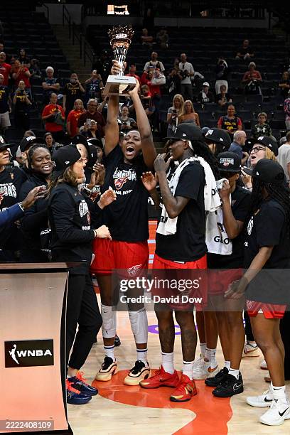 Aliyah Boston of the Indiana Fever celebrates with the 2025 WNBA Commissioner's Cup trophy after wining the 2025 WNBA Commissioner's Cup Game against...