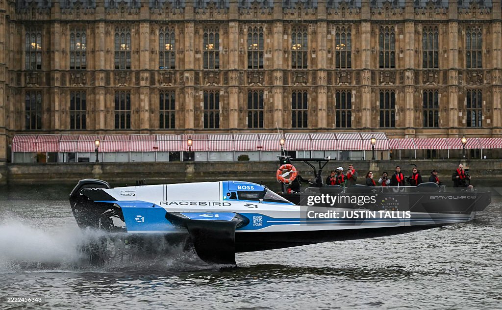 E1 Boat Racing Rear An electric race boat from the E1 World Championship speeds across ...