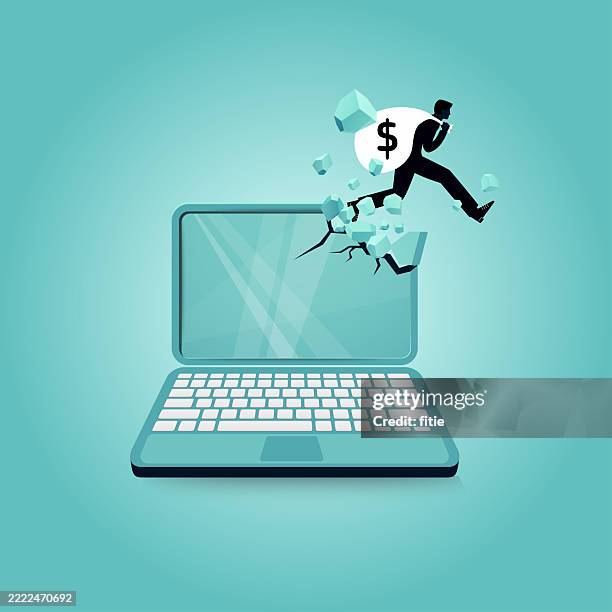 online financial breach – hacker escaping with digital funds - data breach stock illustrations