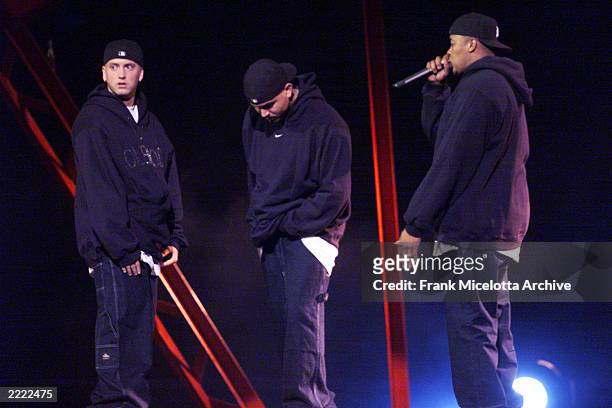 Eminem performs performes with Dr. Dre during the 1999 MTV Music Video Awards held at the Metropolitan Opera House, Lincoln Center in New York City...