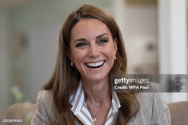 Catherine, Princess of Wales smiles during a visit to the RHS's Wellbeing Garden at Colchester Hospital on July 2, 2025 in Colchester, England. The...