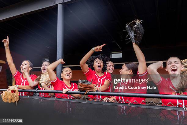 high school softball players cheer for homerun during game while standing in dugout - banco dos jogadores imagens e fotografias de stock