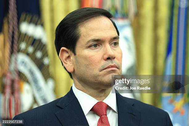 Secretary of State Marco Rubio attends a meeting between President Donald Trump and the Minister of Foreign Affairs and Cooperation of Rwanda Olivier...