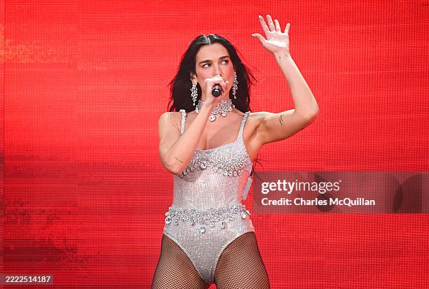 Dua Lipa performs onstage during her Radical Optimism tour at Aviva Stadium on June 27, 2025 in Dublin, Ireland.