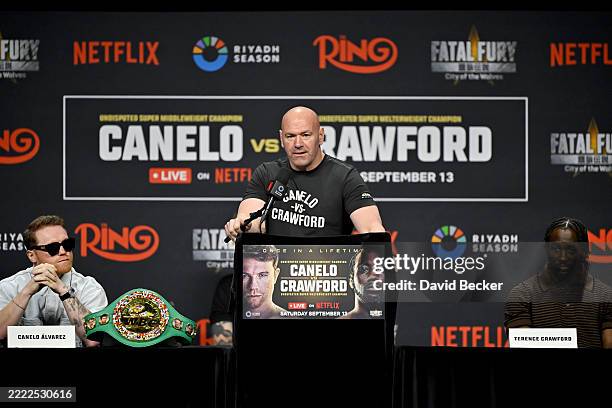 Canelo Álvarez, Dana White, CEO, UFC and Terence Crawford speak onstage during the Canelo Álvarez vs. Terence Crawford Las Vegas Press Conference at...