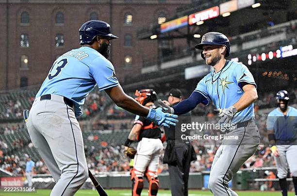 Brandon Lowe of the Tampa Bay Rays celebrates with Junior Caminero after hitting a three-run home run in the second inning against the Baltimore...
