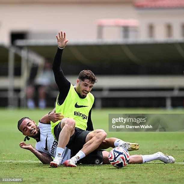 Malo Gusto and Pedro Neto of Chelsea during a training session at Barry University on July 2, 2025 in Miami, Florida.