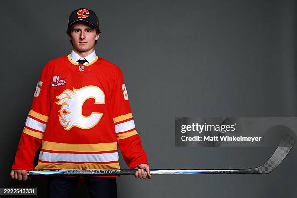 Cole Reschny poses for a portrait after being drafted by the Calgary Flames with the eighteenth overall pick during the first round of the 2025 Upper...