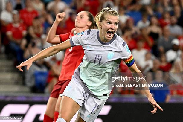 Norway's forward Ada Hegerberg reacts after scoring a goal during the UEFA Women's Euro 2025 Group A football match between Switzerland and Norway at...