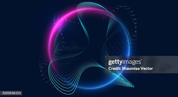 illustrations, cliparts, dessins animés et icônes de fond en spirale de particules de technologie moderne avec des demi-teintes pointillées lumineuses - nanotechnologie