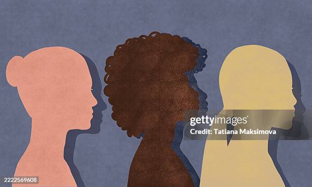 illustration of three diverse female silhouettes in profile, each in different muted pastel shades against a textured blue background. - jämställdhet bildbanksfoton och bilder