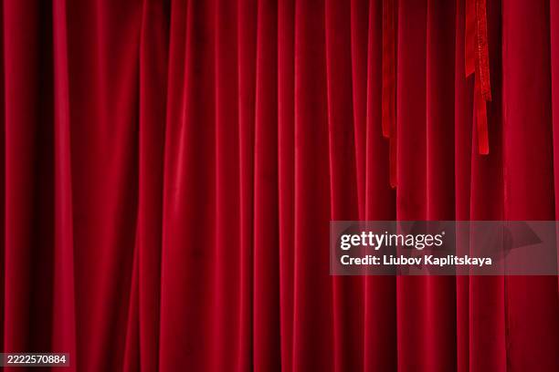 christmas garland with red berries and pine branches on red velvet curtain background. - gordijn stockfoto's en -beelden