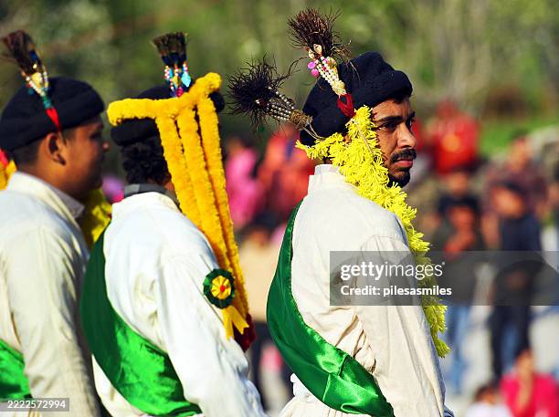 uniformed performers, hindu religious festival, sarsei village, kullu valley, himachal pradesh, india - himachal pradesh stock pictures, royalty-free photos & images
