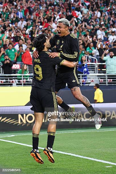 Raul Jimenez of Mexico celebrates after scoring a goal to make it 1-0 during the Gold Cup 2025 semi final match between Mexico and Honduras at Levi's...