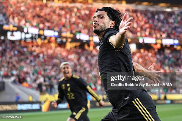 Raul Jimenez of Mexico celebrates after scoring a goal to make it 1-0 during the Gold Cup 2025 semi final match between Mexico and Honduras at Levi's...