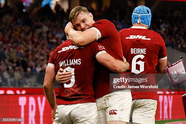 Garry Ringrose of the British Lions and Tomos Williams of the British Lions celebrate a try during the tour match between Western Force and British &...