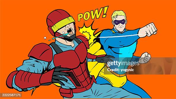 vector superhero punches a villain pop art style stock illustration - funny meme stock illustrations