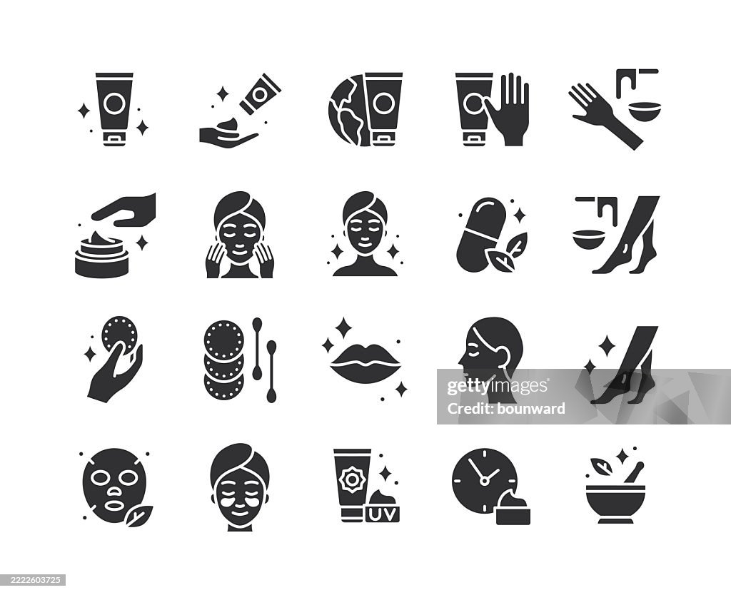 Skin Care Beauty Flat Black Icons.