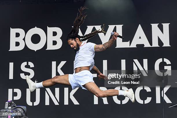 Bobby Vylan of Bob Vylan performs on the West Holts stage during day four of Glastonbury festival 2025 at Worthy Farm, Pilton on June 28, 2025 in...