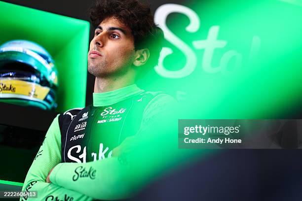 Gabriel Bortoleto of Brazil and Stake F1 Team Kick Sauber looks on in the garage during qualifying ahead of the F1 Grand Prix of Austria at Red Bull...