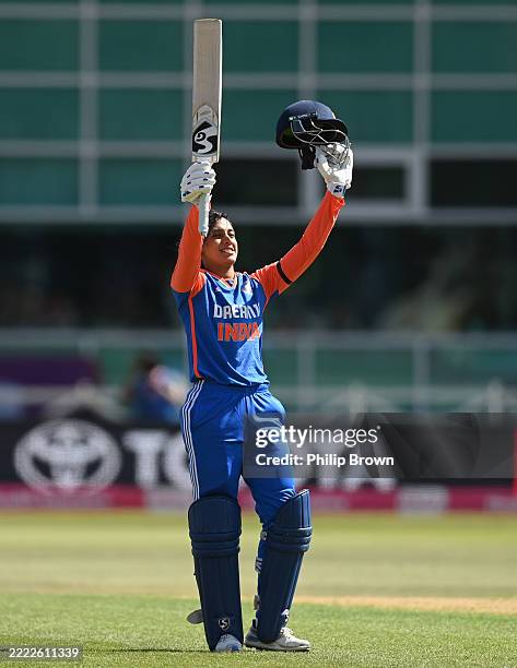Smriti Mandhana of India reaches her century during the 1st Women's Vitality IT20 between England and India at Trent Bridge on June 28, 2025 in...