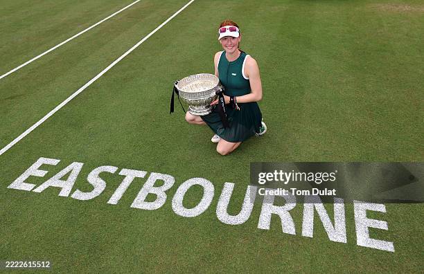 Maya Joint of Australia poses for a photo with the Lexus Eastbourne Open Women's Singles trophy after victory against Alexandra Eala of Philippines...