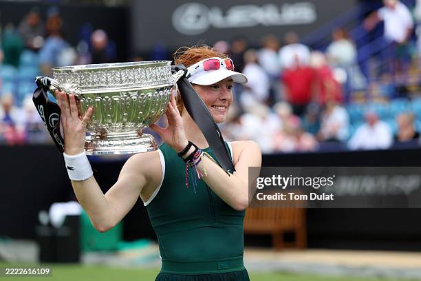 Maya Joint of Australia poses for a photo with the Lexus Eastbourne Open Women's Singles trophy after victory against Alexandra Eala of Philippines...