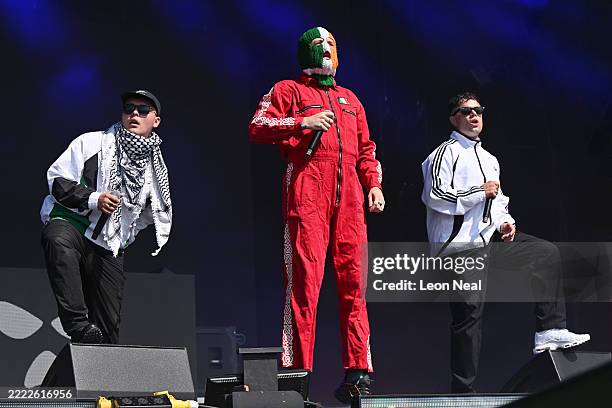 Mo Chara, DJ Provaí and Móglaí Bap of Kneecap during day four of Glastonbury festival 2025 at Worthy Farm, Pilton on June 28, 2025 in Glastonbury,...