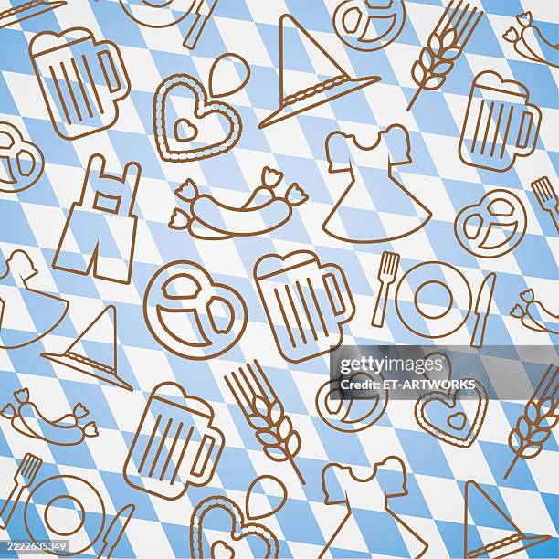 illustrazioni stock, clip art, cartoni animati e icone di tendenza di sfondo poster con boccale di birra, pretzel, cappello di feltro, salsiccia bianca, cuori di pan di zenzero, lederhosen, dirndl e motivo bavarese - monaco