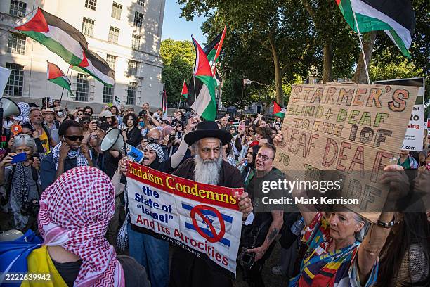 An ultra-orthodox Jew from Neturei Karta holds a banner alongside pro-Palestinian activists at a Defend The Right to Protest rally in defence of...