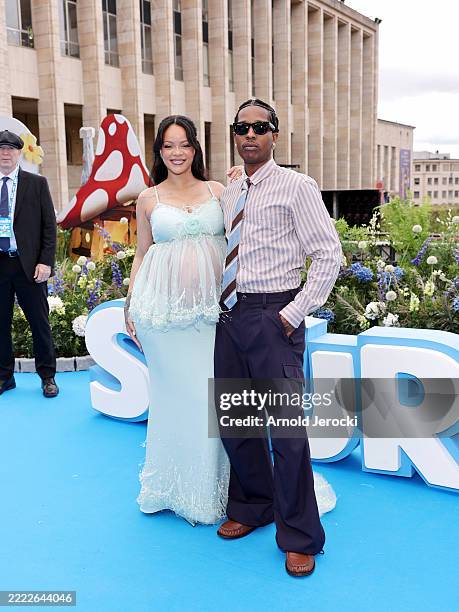 Rihanna and A$AP Rocky attend the "Smurfs" Global Premiere at Mont des Arts on June 28, 2025 in Brussels, Belgium.