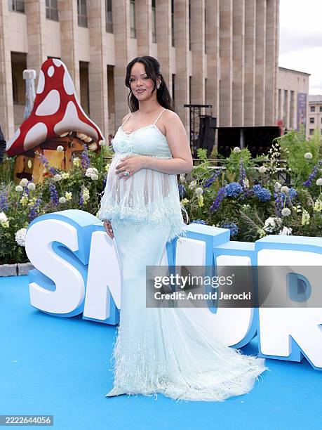 Rihanna attends the "Smurfs" Global Premiere at Mont des Arts on June 28, 2025 in Brussels, Belgium.