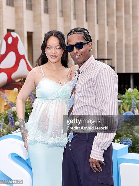 Rihanna and A$AP Rocky attend the "Smurfs" Global Premiere at Mont des Arts on June 28, 2025 in Brussels, Belgium.