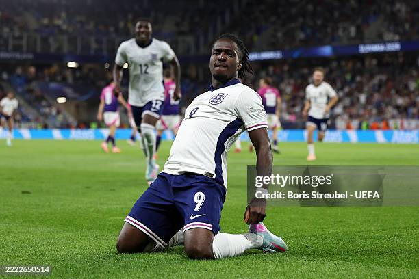 Jonathan Rowe of England celebrates scoring his team's third goal during the UEFA European Under-21 Championship 2025 Final match between England and...