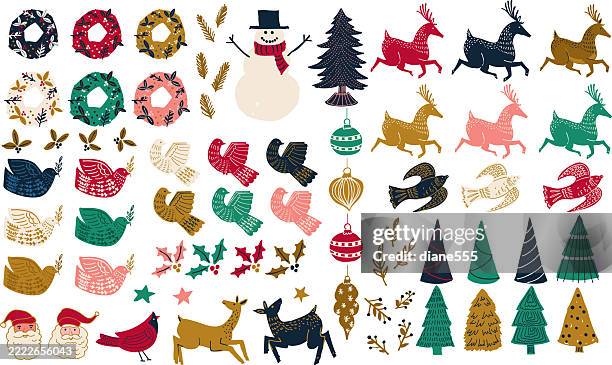 handgezeichnete moderne weihnachtssymbole isoliert auf einem transparenten hintergrund - weihnachtsbaum freisteller stock-grafiken, -clipart, -cartoons und -symbole