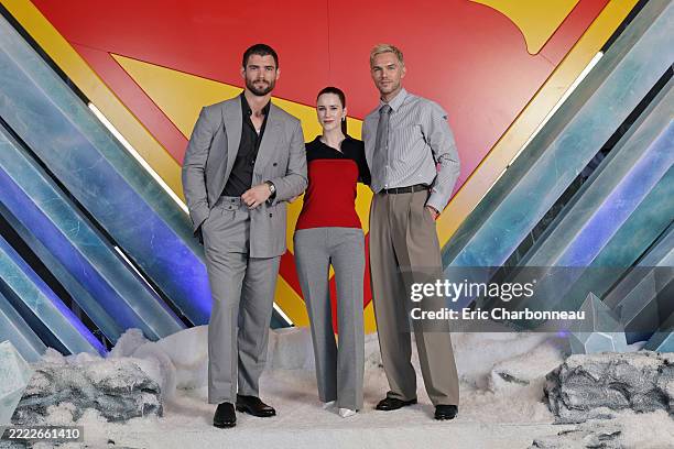 David Corenswet, Rachel Brosnahan and Nicholas Hoult seen at "Superman" Press Junket on June 28, 2025 in Los Angeles, California.
