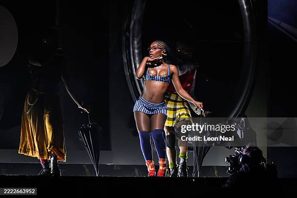 American rapper and singer Doechii headlines on the West Holts Stage at the end of day four of Glastonbury festival 2025 at Worthy Farm, Pilton on...