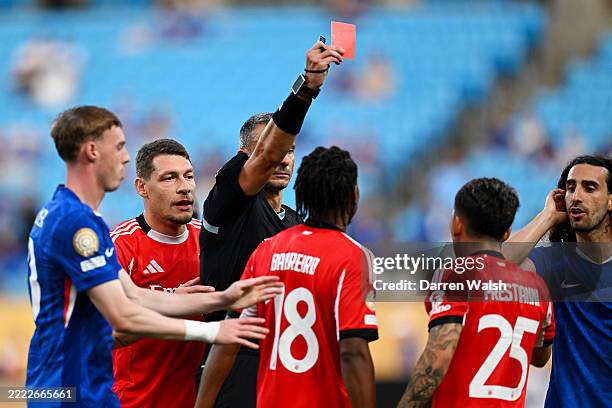 Gianluca Prestianni of SL Benfica is shown a red card by referee Slavko Vincici during the FIFA Club World Cup 2025 round of 16 match between SL...