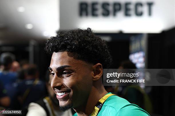 Palmeiras' Brazilian forward Luighi speaks to the media at the Lincoln Financial Field Stadium in Philadelphia on July 3 ahead of the FIFA Club World...